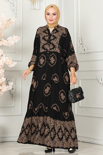 moda selvim Patterned Viscose Dress 4089ZNN863 Black - Thumbnail