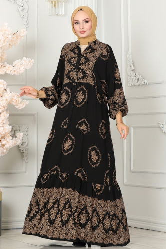 moda selvim Patterned Viscose Dress 4089ZNN863 Black - Thumbnail