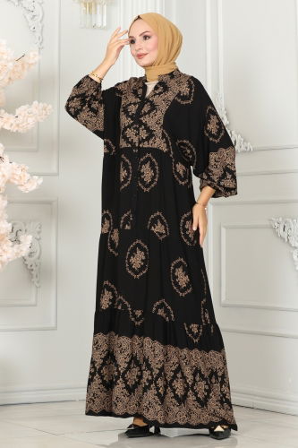 moda selvim Patterned Viscose Dress 4089ZNN863 Black - Thumbnail