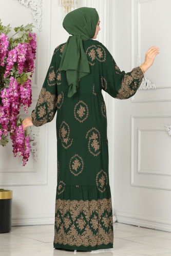 moda selvim Patterned Viscose Dress 4089ZNN863 Emerald - Thumbnail