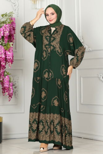 moda selvim Patterned Viscose Dress 4089ZNN863 Emerald - Thumbnail