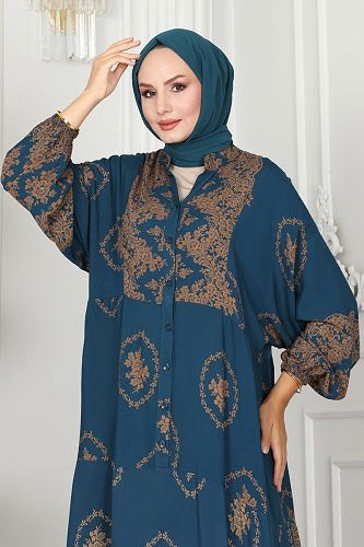 moda selvim Patterned Viscose Dress 4089ZNN863 Petroleum - Thumbnail