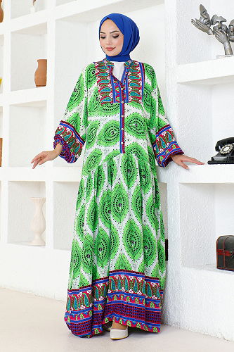 moda selvim Patterned Viscose Dress ETT20262-M Green - Thumbnail