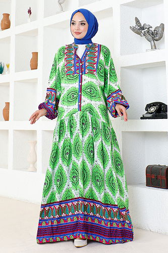 moda selvim Patterned Viscose Dress ETT20262-M Green - Thumbnail