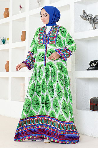moda selvim Patterned Viscose Dress ETT20262-M Green - Thumbnail