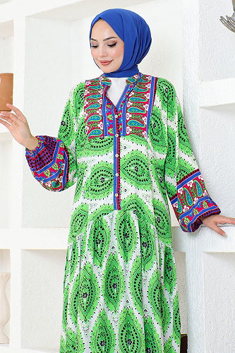 moda selvim Patterned Viscose Dress ETT20262-M Green - Thumbnail