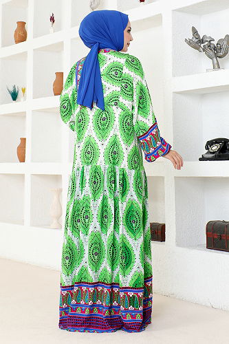 moda selvim Patterned Viscose Dress ETT20262-M Green - Thumbnail