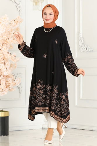 moda selvim Patterned Viscose Tunic 1003ZNN863 Black - Thumbnail