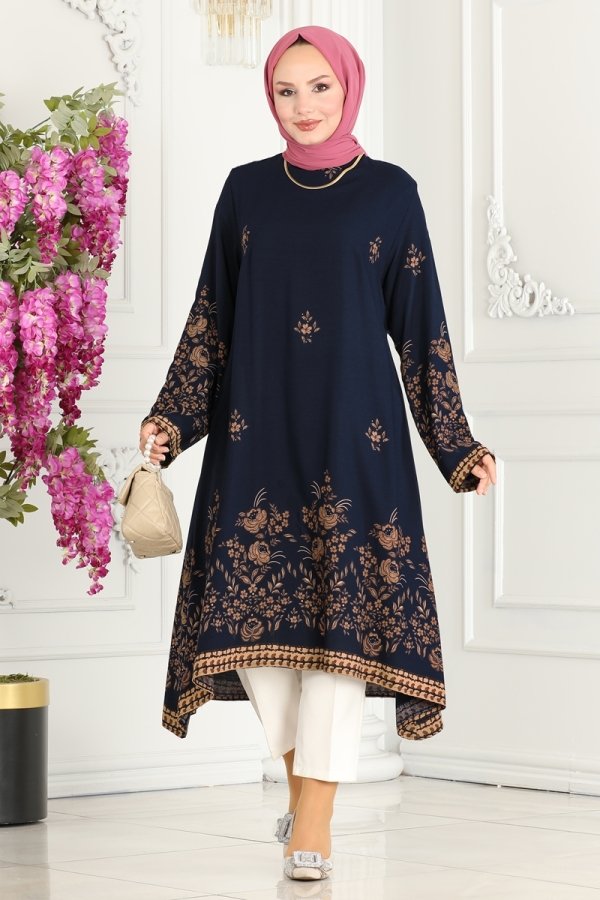 Modaselvim Tunic Patterned Viscose Tunic 1003ZNN863 Navy Blue