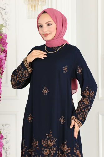 moda selvim Patterned Viscose Tunic 1003ZNN863 Navy Blue - Thumbnail