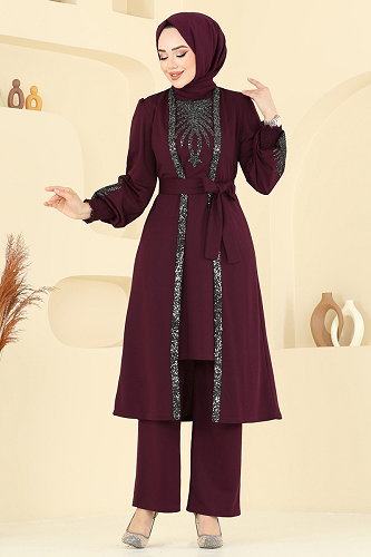 moda selvim Payet Detaylı 2 Li Kombin 2805ASMK1074 Bordo - Thumbnail