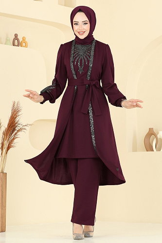 moda selvim Payet Detaylı 2 Li Kombin 2805ASMK1074 Bordo - Thumbnail