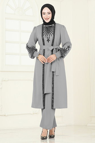 moda selvim Payet Detaylı 2 Li Kombin 2805ASMK1074 Gri - Thumbnail
