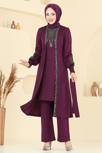 moda selvim Payet Detaylı 2 Li Kombin 2805ASMK1074 Mürdüm - Thumbnail