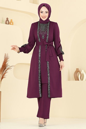 moda selvim Payet Detaylı 2 Li Kombin 2805ASMK1074 Mürdüm - Thumbnail