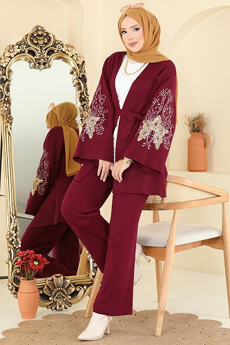 moda selvim Payet Detaylı 2 li Takım 1300MT581 Bordo - Thumbnail