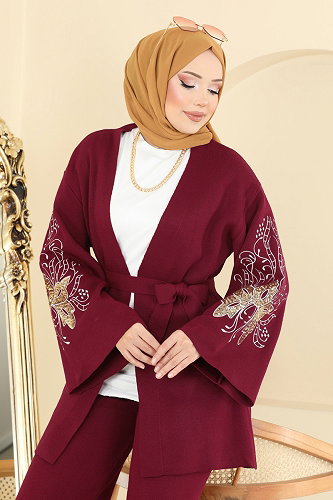 moda selvim Payet Detaylı 2 li Takım 1300MT581 Bordo - Thumbnail