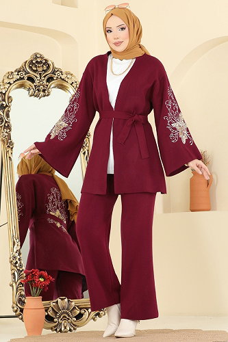 moda selvim Payet Detaylı 2 li Takım 1300MT581 Bordo - Thumbnail