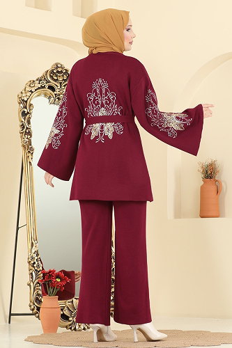 moda selvim Payet Detaylı 2 li Takım 1300MT581 Bordo - Thumbnail