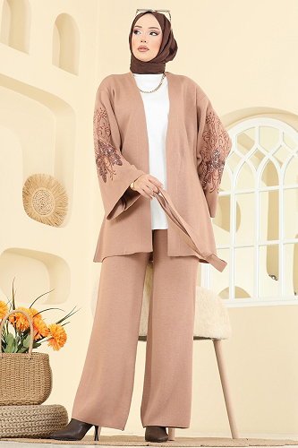 moda selvim Payet Detaylı 2 li Takım 1300MT581 Latte - Thumbnail