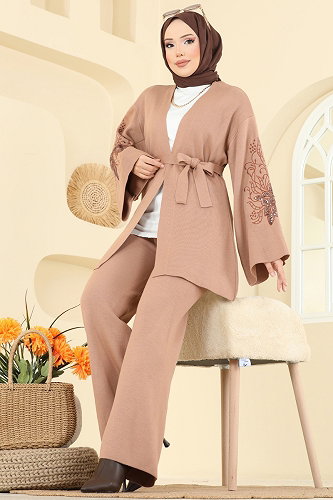 moda selvim Payet Detaylı 2 li Takım 1300MT581 Latte - Thumbnail