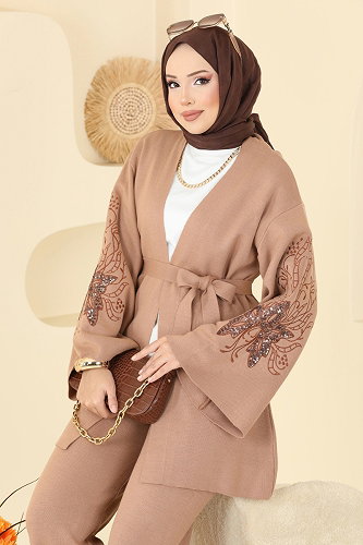 moda selvim Payet Detaylı 2 li Takım 1300MT581 Latte - Thumbnail