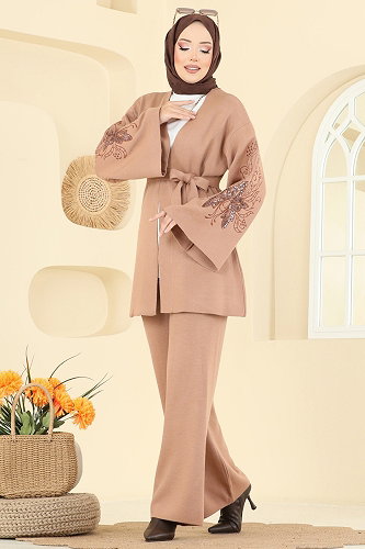 moda selvim Payet Detaylı 2 li Takım 1300MT581 Latte - Thumbnail