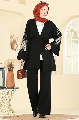 moda selvim Payet Detaylı 2 li Takım 1300MT581 Siyah - Thumbnail