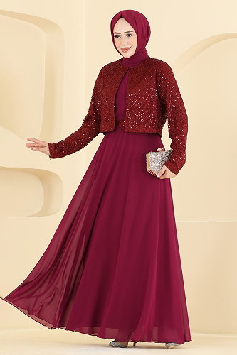 moda selvim Payet Detaylı Ceketli Abiye 8392AB368 Bordo - Thumbnail