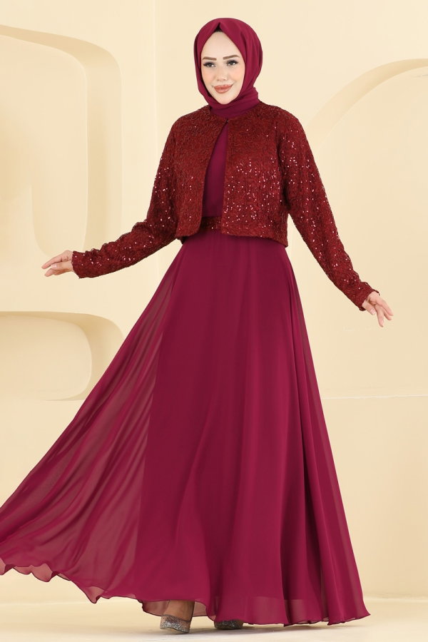 Modaselvim Kombin Payet Detaylı Ceketli Abiye 8392AB368 Bordo