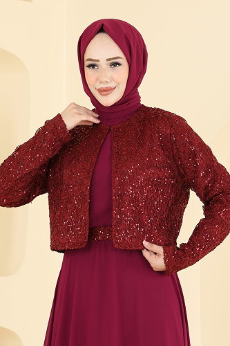 moda selvim Payet Detaylı Ceketli Abiye 8392AB368 Bordo - Thumbnail
