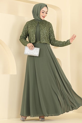moda selvim Payet Detaylı Ceketli Abiye 8392AB368 Haki - Thumbnail