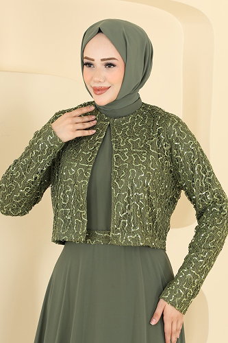 moda selvim Payet Detaylı Ceketli Abiye 8392AB368 Haki - Thumbnail
