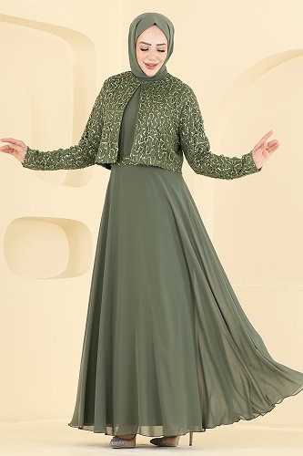 moda selvim Payet Detaylı Ceketli Abiye 8392AB368 Haki - Thumbnail