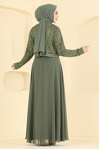 moda selvim Payet Detaylı Ceketli Abiye 8392AB368 Haki - Thumbnail