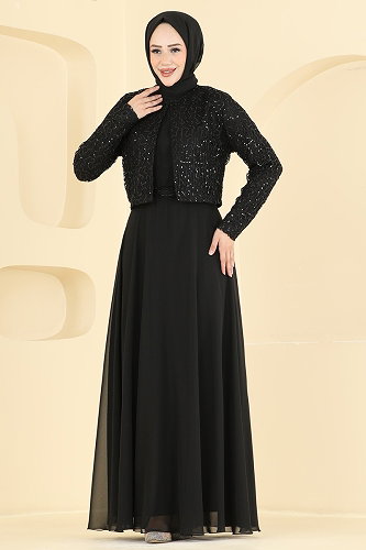 moda selvim Payet Detaylı Ceketli Abiye 8392AB368 Siyah - Thumbnail