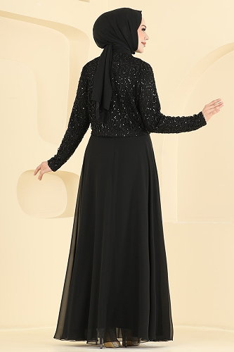 moda selvim Payet Detaylı Ceketli Abiye 8392AB368 Siyah - Thumbnail