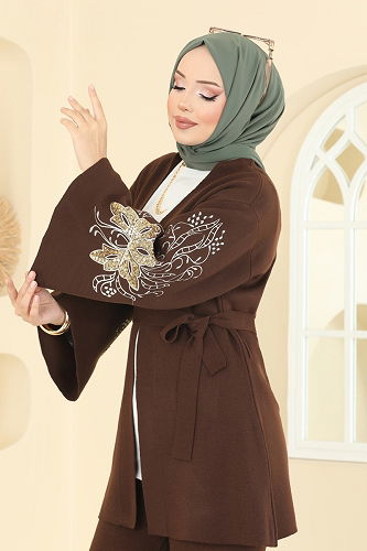 moda selvim Payet Detaylı İkili Takım 1300MT581 Kahve - Thumbnail