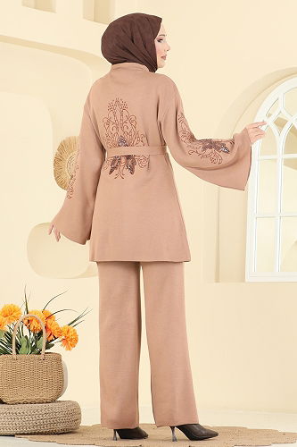 moda selvim Payet Detaylı İkili Takım 1300MT581 Latte - Thumbnail