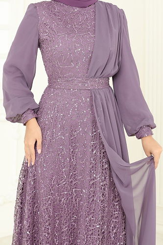 moda selvim Payet Detaylı Şifon Abiye 2819ELC1143 Koyu Lila - Thumbnail