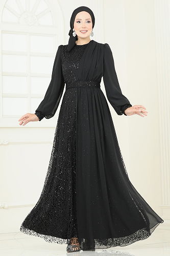 moda selvim Payet Detaylı Şifon Abiye 2819ELC1143 Siyah - Thumbnail