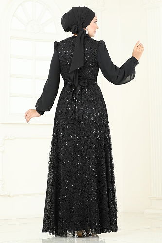 moda selvim Payet Detaylı Şifon Abiye 2819ELC1143 Siyah - Thumbnail