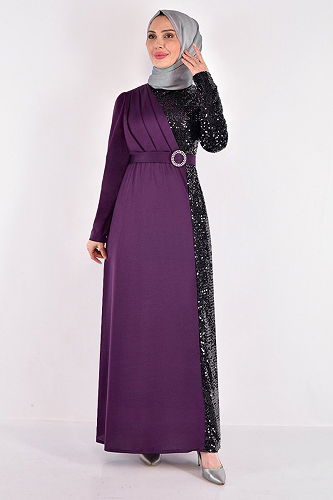 moda selvim Payet Detaylı Tesettür Abiye ASM2516-M Mürdüm - Thumbnail