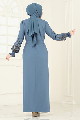 moda selvim Payet Detaylı Yelekli Abiye 2758ASMK1074 Açık İndigo - Thumbnail