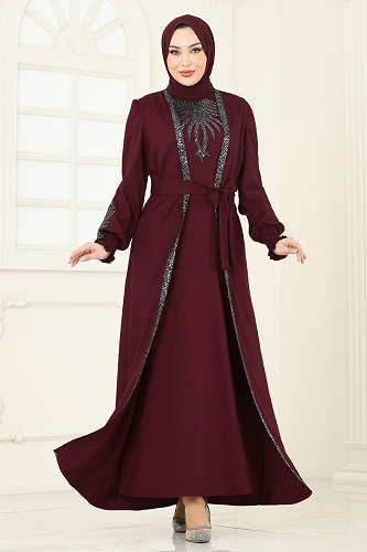 moda selvim Payet Detaylı Yelekli Abiye 2758ASMK1074 Bordo - Thumbnail