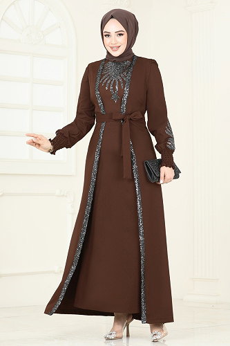 moda selvim Payet Detaylı Yelekli Abiye 2758ASMK1074 Kahve - Thumbnail