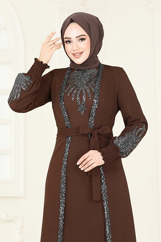 moda selvim Payet Detaylı Yelekli Abiye 2758ASMK1074 Kahve - Thumbnail