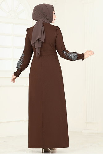 moda selvim Payet Detaylı Yelekli Abiye 2758ASMK1074 Kahve - Thumbnail