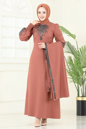 moda selvim Payet Detaylı Yelekli Abiye 2758ASMK1074 Kiremit - Thumbnail