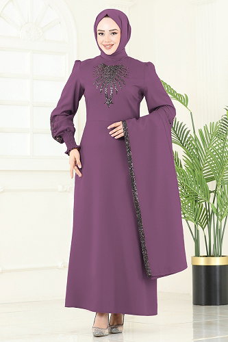 moda selvim Payet Detaylı Yelekli Abiye 2758ASMK1074 Koyu Lila - Thumbnail